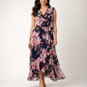 London Times Sz 8 Floral Wrap Look Maxi Dress Ruffle Black Pink Sleeveless Boho‎